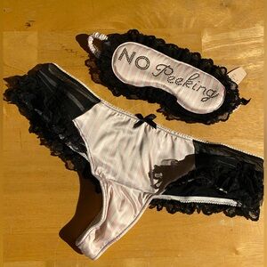 VS 2014 Limited Edition Striped Pink and Black Lace Eye Mask and Panty Set. NWT!